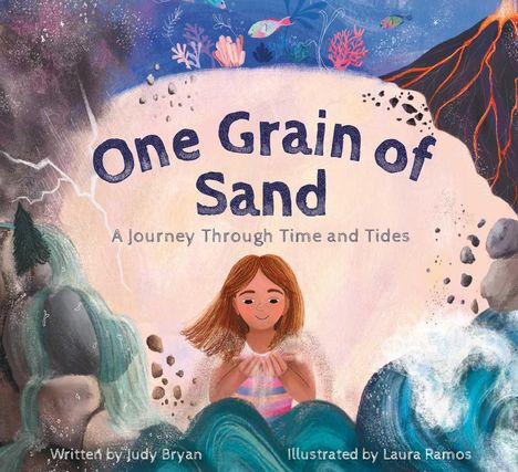 "One Grain of Sand: A Journey Through Time and Tides," zeigt ein Kind, umgeben von Natur, Meereswellen und einem Vulkan.