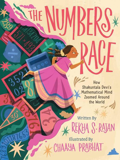 "The Numbers Race" in großen Buchstaben. Eine Frau in traditioneller Kleidung rennt neben farbigen Zahlen und Symbolen.