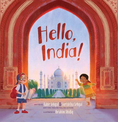 "Hello, India!" steht groß. Kinder mit Rucksack und Buch vor dem Taj Mahal. Bogen mit Verzierungen umrahmt die Szene.