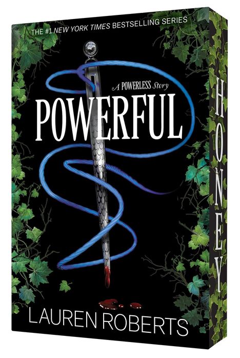 Text: "POWERFUL", "A Powerless Story", "Lauren Roberts". Ein Dolch mit blauem Band, umgeben von Efeu und Bluttropfen.