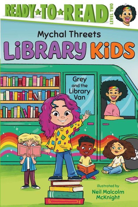 "Ready to Read: Level Two", "Mychal Threets Library Kids", "Grey and the Library Van". Kinder lesen vor einem Van.