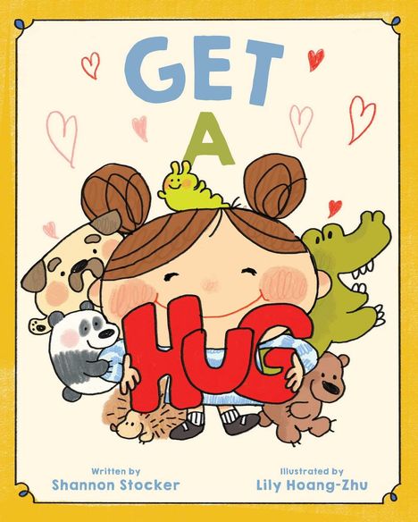„GET A HUG“ in bunten Buchstaben, lächelndes Kind mit Tieren. Illustration mit herzförmigen Symbolen im Hintergrund.