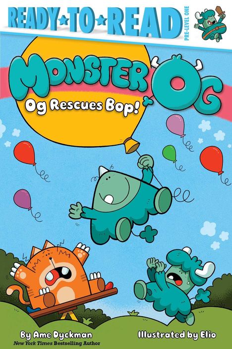 „Monster Og: Og Rescues Bop!“ steht oben. Fröhliche Illustration von Monstern, Ballons und einem schreienden, fallenden Kätzchen.