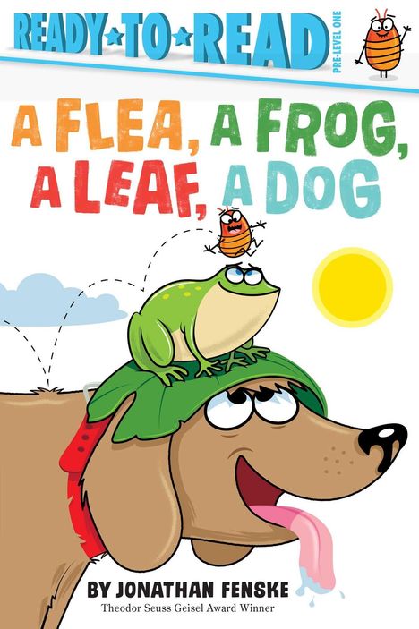 Titel in großen bunten Buchstaben: "A FLEA, A FROG, A LEAF, A DOG". Illustration: Ein Frosch, Floh und ein Hund.