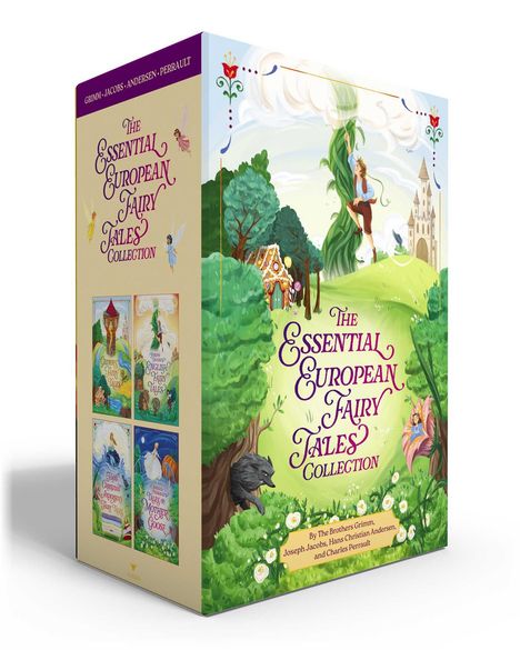 "The Essential European Fairy Tales Collection" ist in geschwungener Schrift auf einer bunten Märchenbuch-Box geschrieben.