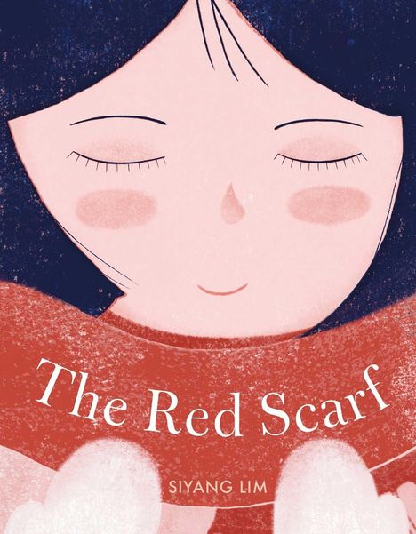 „The Red Scarf“, „SIYANG LIM“. Illustration eines lächelnden Gesichts mit geschlossenen Augen und rotem Schal.