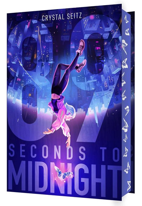 Text: "Crystal Seitz", "90 Seconds to Midnight". Illustration: Person schwebt kopfüber in futuristischer Stadt, Schmetterlinge.