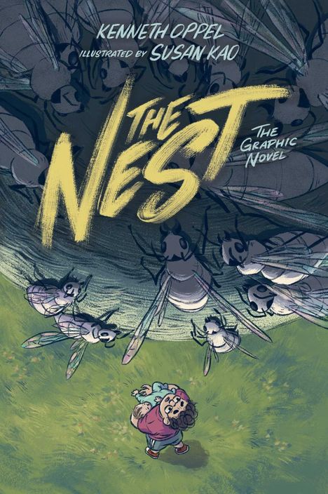 „THE NEST The Graphic Novel“. Illustration: Ein Kind schaut ängstlich auf riesige Wespen von oben herab.