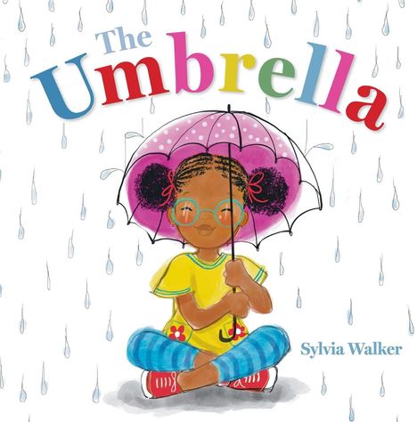 "The Umbrella" oben, "Sylvia Walker" unten. Illustration eines Kindes mit Brille und Regenschirm, umgeben von Regentropfen.