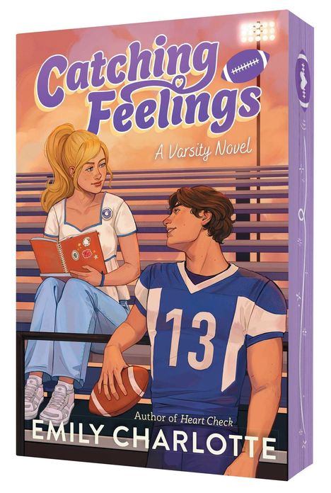 Titel: "Catching Feelings: A Varsity Novel". Illustration von Mädchen mit Buch und Junge im Sporttrikot.