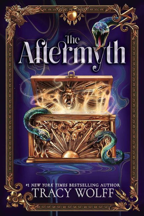 "The Aftermyth" - eine Schatztruhe mit leuchtendem Inhalt, Schlangen und mythologischen Verzierungen, illustriert.