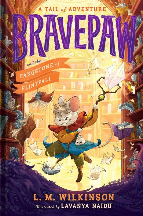 Titel: Bravepaw und der Fangstone von Flintfall. Maus mit Stab in einer Bibliothek voller Bücher, Wind weht Blätter weg.