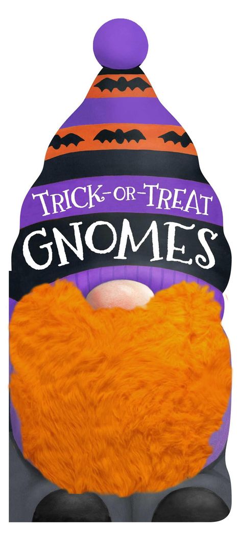 "TRICK-OR-TREAT GNOMES" steht auf einer Mütze mit Fledermausdesign. Darunter ein Gnom mit oranger Bart.