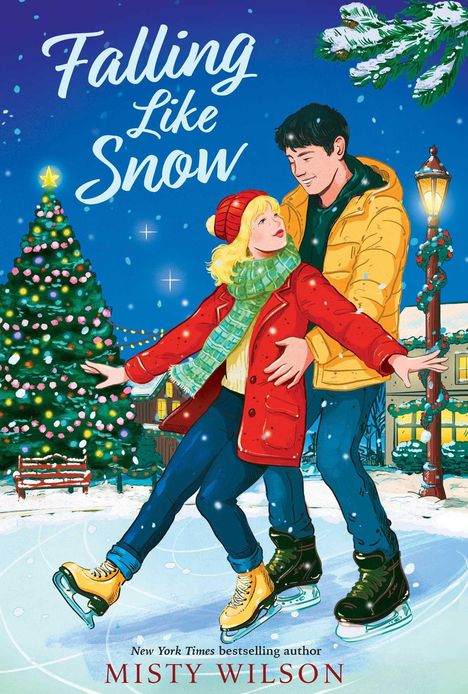 Oben stehen in geschwungener Schrift die Worte „Falling Like Snow“. Ein Paar läuft Schlittschuh auf einer winterlichen Eisbahn.