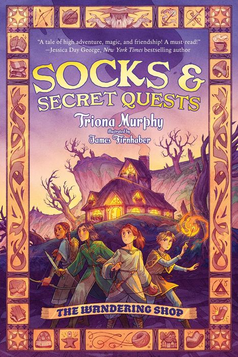 "Socks & Secret Quests", Triona Murphy, Illustration von James Firnhaber. Vier Abenteurer vor einem beleuchteten Haus.
