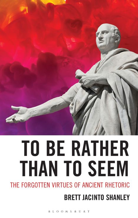 „TO BE RATHER THAN TO SEEM“, Statue eines Mannes vor buntem, wolkigem Hintergrund in Rot und Gelb.
