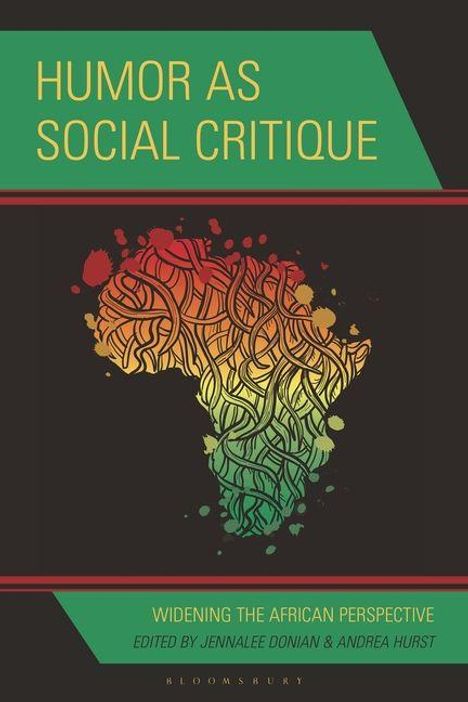 "Humor as Social Critique" in Gelb auf Schwarz. Silhouette Afrikas in bunten Mustern. Rot-grüne Streifen oben und unten.