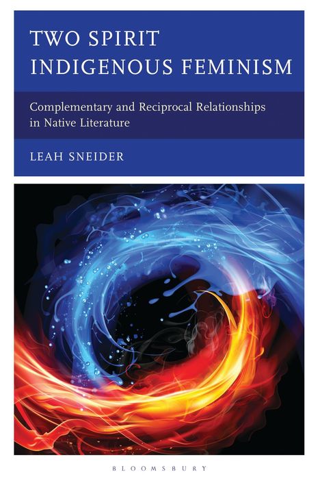 "Two Spirit Indigenous Feminism" von Leah Sneider. Farbenfrohes Wirbeln von Blau und Rot symbolisiert Elemente.