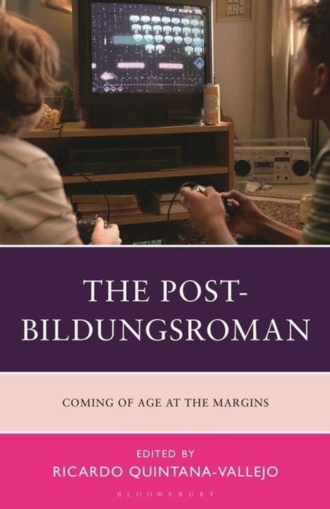 „THE POST-BILDUNGSROMAN“, „COMING OF AGE AT THE MARGINS“; zwei Personen spielen Videospiel, Retro-Setup.