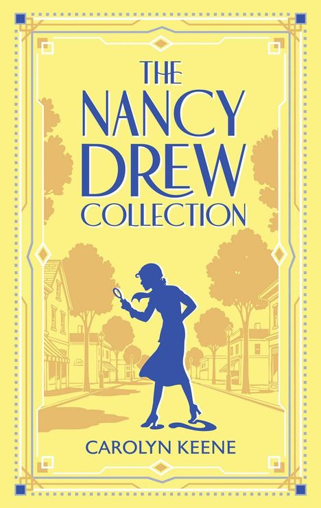 Text: "The Nancy Drew Collection" und "Carolyn Keene". Illustration einer Detektivin mit Lupe, umgeben von Gebäuden und Bäumen.