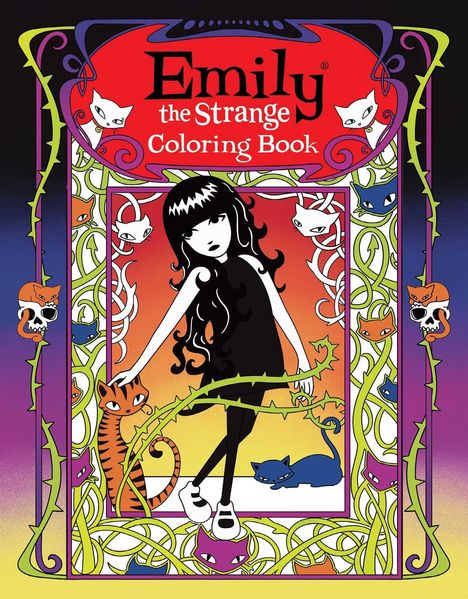 „Emily the Strange Coloring Book“. Eine Illustration von Emily in Schwarz-Weiß, umgeben von Ranken und Katzen.