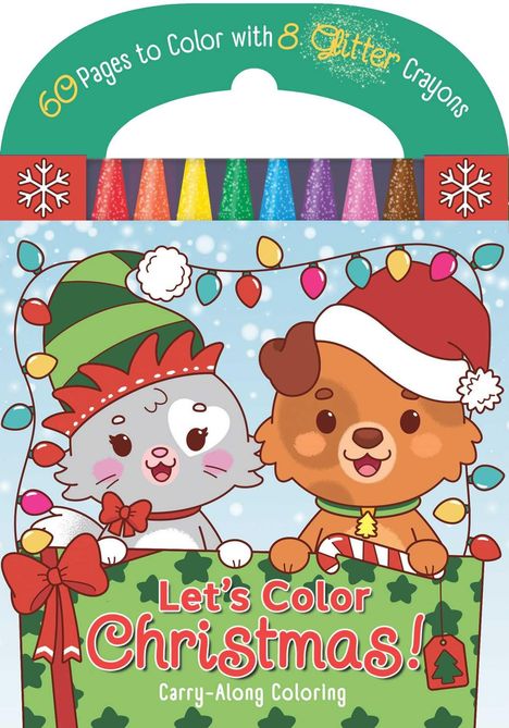 "60 Pages to Color with 8 Glitter Crayons. Let's Color Christmas! Carry-Along Coloring." Illustration von Hund und Katze.