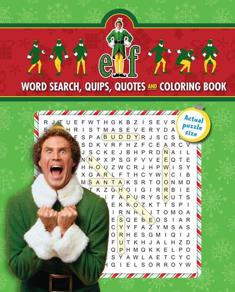 "Elf. Word Search, Quips, Quotes and Coloring Book." Ein Mann in grünem Elf-Outfit freut sich vor einem Wortsucherätsel.