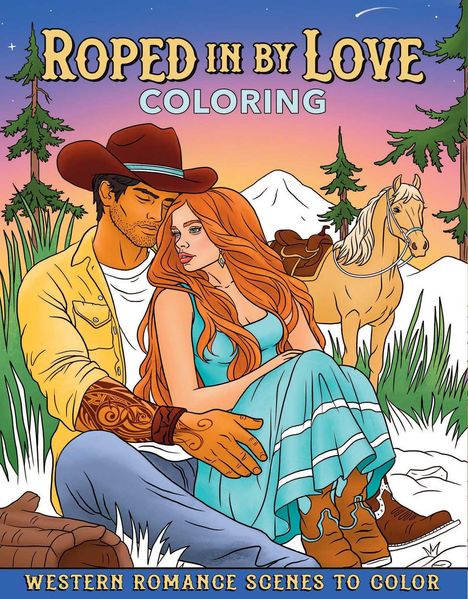 "ROPED IN BY LOVE COLORING" und "WESTERN ROMANCE SCENES TO COLOR". Illustration: Paar sitzt, Pferd im Hintergrund.