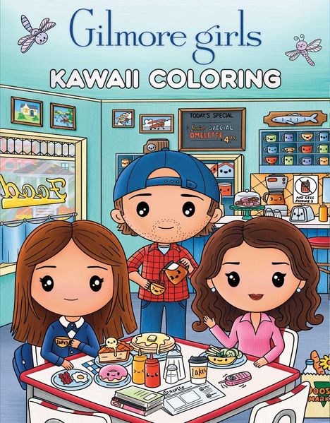 „Gilmore Girls Kawaii Coloring“ steht über süßen Figuren in einem Diner mit Essen auf dem Tisch.