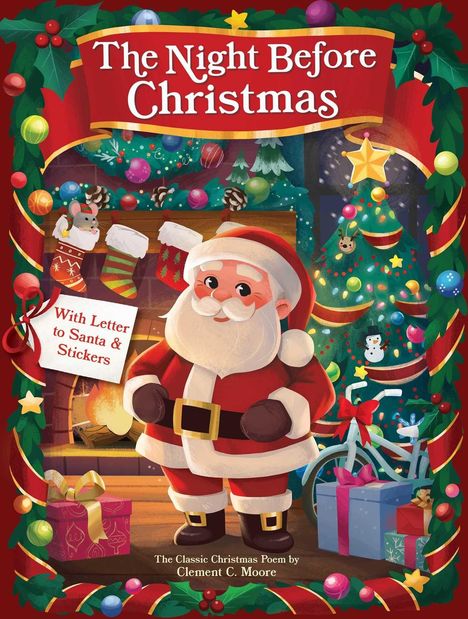 "Weihnachtsmann mit einem Geschenk vor einem Kamin und einem geschmückten Baum. Geschenke und Fahrrad im Hintergrund."