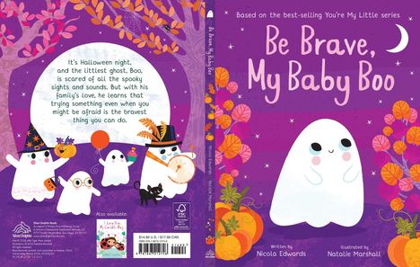 Titel: "Be Brave, My Baby Boo". Ein kleiner Geist umgeben von bunten Halloween-Szenen. 著者: Nicola Edwards. 描画: Natalie Marshall.
