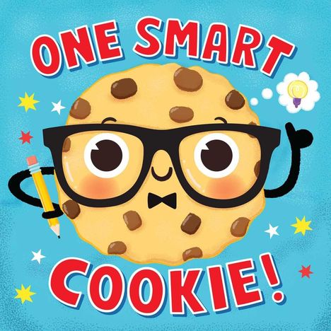 Text: "ONE SMART COOKIE!" Illustration: Ein Cookie mit Brille, Armen, Bleistift und einer Gedankenblase mit Glühbirne.