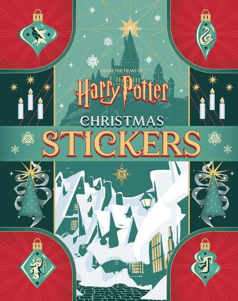 "From the films of Harry Potter Christmas Stickers" in festlichem Design mit Schloss, Kerzen und winterlicher Dorfkulisse.