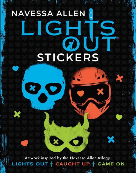 "Navessa Allen Lights Out Stickers." Drei bunte Schädel-Sticker: blau, rot und grün auf schwarzem Hintergrund mit Herzen.