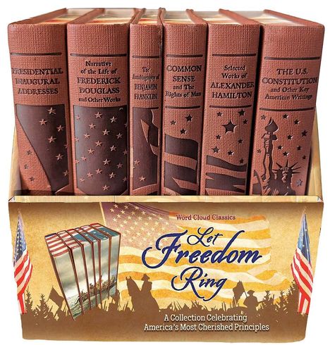 Box mit Büchern: "Let Freedom Ring". Enthält Werke von Douglas, Franklin, Paine, Hamilton und Texte zur US-Verfassung.