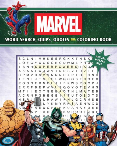 "Marvel Word Search, Quips, Quotes and Coloring Book" in großen Buchstaben. Helden illustrierte Szenen mit Suchrätsel.