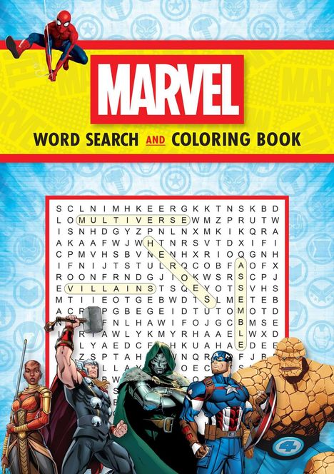 MARVEL Word Search and Coloring Book. Gekreuzte Wörter: MULTIVERSE, HEROES, VILLAINS, ASSEMBLE. Superhelden und Schurken abgebildet.