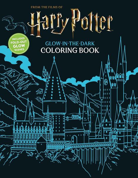 "From the Films of Harry Potter: Glow-in-the-Dark Coloring Book". Illustration von Hogwarts mit Bergen im Hintergrund.