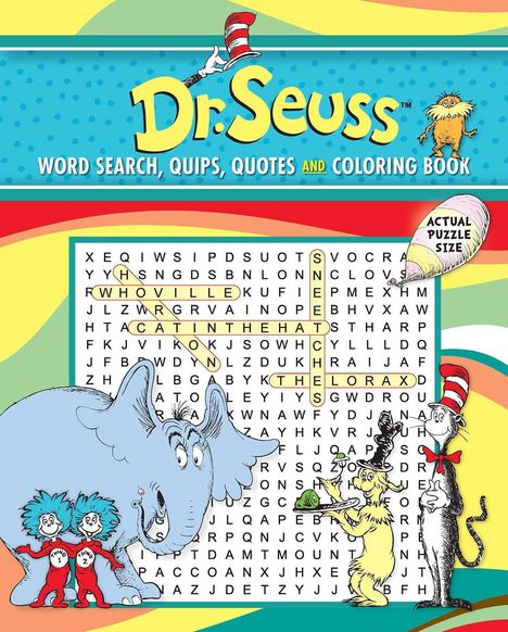 "Dr. Seuss Word Search, Quips, Quotes and Coloring Book." Figuren aus Dr. Seuss-Büchern und hervorgehobene Wörter.