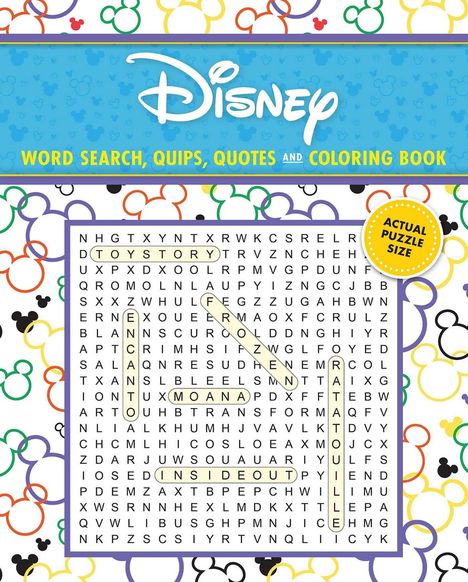 Oben steht "Disney". Darunter "Word Search, Quips, Quotes and Coloring Book" und ein Suchrätsel mit Filmnamen.
