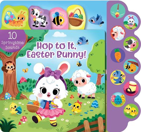 „Hop to It, Easter Bunny! 10 Springtime Sounds.“ Illustration mit Osterhase, Lamm und Küken in einer bunten Frühlingslandschaft.