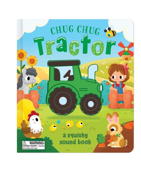 "Chug Chug Tractor" und "a squishy sound book". Illustration: grüner Traktor, Mädchen, Tiere, hügelige Landschaft.