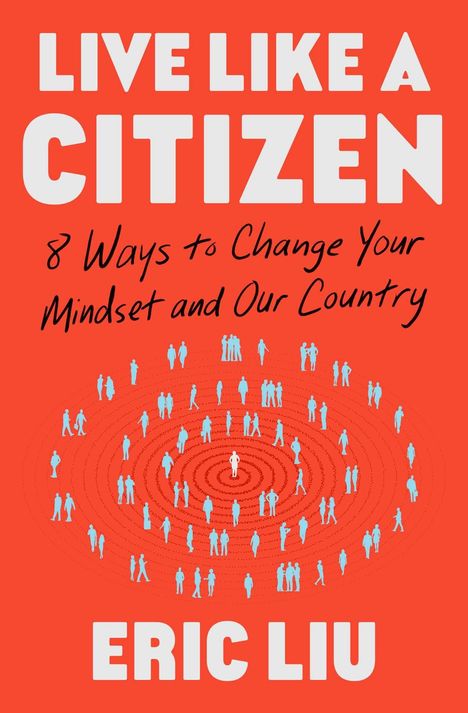 "Live Like a Citizen" und "Eric Liu" vor rotem Hintergrund, viele blaue Figuren in konzentrischen Kreisen.