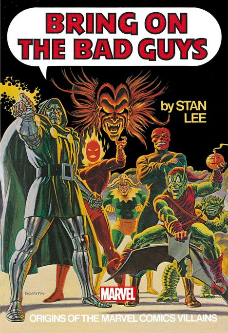 Text: "BRING ON THE BAD GUYS", "by STAN LEE". Illustration von sechs Bösewichten mit bunten Kostümen. Marvel-Logo unten.