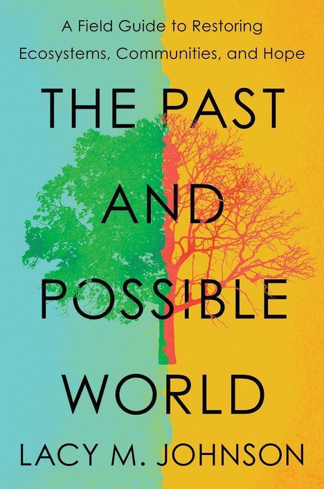 Text: "THE PAST AND POSSIBLE WORLD" von Lacy M. Johnson. Blauer und gelber Hintergrund, linke Seite grüner Baum, rechte Seite kahler Baum.