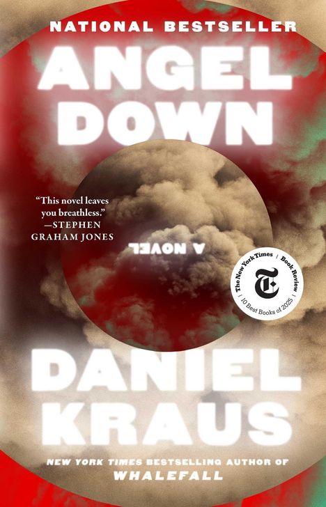 "National Bestseller", "Angel Down", "Daniel Kraus". Zitat von Stephen Graham Jones. Rauchwolken auf rotem Hintergrund.