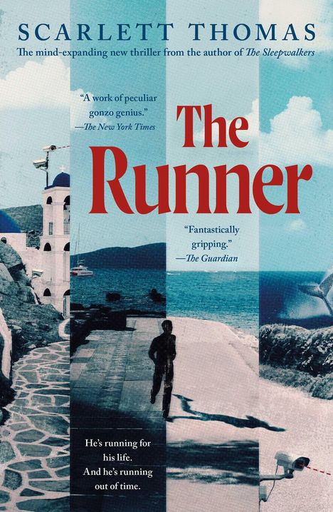 "The Runner" in roter Schrift, Rezensionen von The New York Times und The Guardian, Mann läuft in Küstenlandschaft.