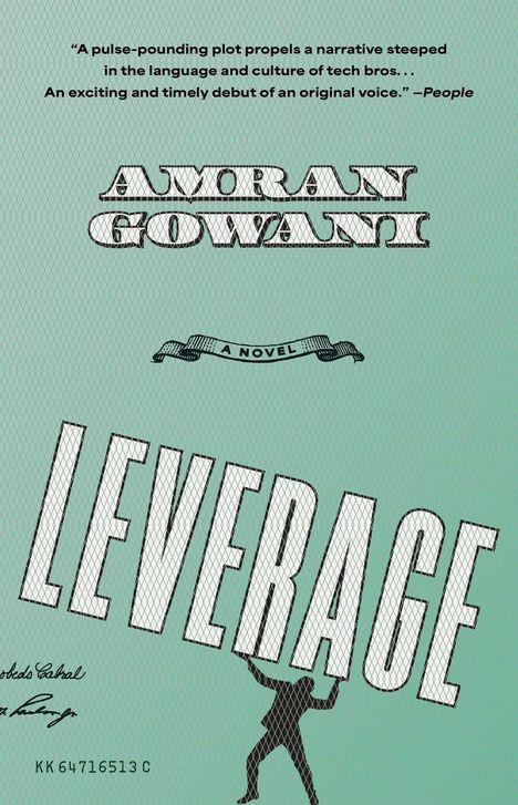 „AMRAN GOWANI“, „LEVERAGE“. Oben Lobeshymne über den Romanstil. Hintergrund hellblau, Figur hält „LEVERAGE“.