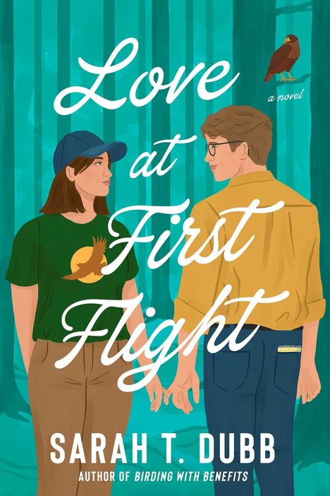 "Love at First Flight"; "Sarah T. Dubb"; Mann und Frau im Wald; Vogel auf Ast oberhalb des Titels.