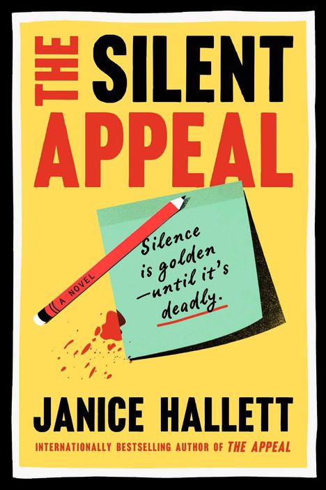 "The Silent Appeal" und "Silence is golden—until it’s deadly." Ein gelber Hintergrund mit rotem Stift, Blutstropfen.